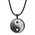 Yin Yang Tai Chi butterfly pendant necklace with black woven cord and glass dome - Vine Floral Tai Chi Style (JY007933-15)