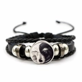 Braided leather bracelet featuring a black and white yin yang wolf glass cabochon - Wolf Head Yin Yang Style (JY007986-4)