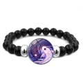 Black beaded bracelet with yin yang koi fish charm and silver spacers on stretch cord - Blue Purple Koi Pattern (JY007992-2)