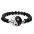 Elastic beaded bracelet with black polished beads and wolf yin yang art glass charm - Black and White Wolves Yin Yang (JY007992-4)