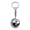 Silver crescent moon keychain with rotating Yin Yang Tree of Life glass pendant - B&W Tree of Life Yin Yang Style(JY007930-6)