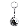 Silver crescent moon keychain with yin yang cat pattern on rotating glass pendant - B&W Yin Yang Cat Style(JY007930-13)