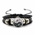 Bracelet en cuir tressé Yin Yang noir avec dôme en verre papillon et libellule - Papillon Floral Yin Yang (JY007928-1)