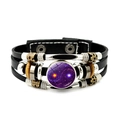 Pulsera de cuero negro de varias capas con colgante de galaxia púrpura y cuentas de plata - Cielo Estrellado Púrpura (JY007935-4)