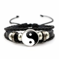 Bracelet Yin Yang en cuir avec tresses multicouches et breloque en verre noire - Tai Chi Classique Noir Blanc (JY007928-16)