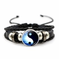 Bracelet multicouche en cuir noir tressé avec gemme en verre Yin et Yang - Tai Chi Bleu Noir Blanc (JY007928-18)