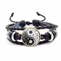 Bracelet multicouche en cuir noir avec charme Yin Yang et perles bleues - Style Poisson Yin Yang N&B Mandala (JY007929-15)