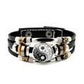Bracciale multistrato in pelle regolabile con ciondolo Yin Yang e perline di legno vintage - Mandala Taiji (JY007935-15)