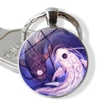 Porte-clés Yin Yang Carpe Koi avec cadre en métal argenté et pendentif en verre - Carpe Koi Noir Et Blanc (JY007994-2)
