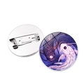 Round glass brooch pin featuring a black and white Yin Yang koi fish artistic design - Black and White Yin Yang Koi Fish Style (JY007988 Silver-2)
