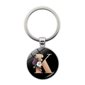 Personalized silver keychain with flower alphabet K pattern on black glass pendant - Letter K (JY008011-K)