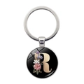 Floral alphabet R keychain with golden letter and purple flowers in glass pendant - Letter R (JY008011-R)