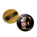 Broche vintage ronde avec lettre F dorée et cabochon en verre aux fleurs roses - Lettre F (JY008015-F)