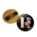 Broche ronde en verre avec lettre H fleurie et base en métal bronze pour vêtements - Lettre H (JY008015-H)