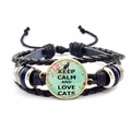 Πολυεπίπεδο δερμάτινο βραχιόλι Keep Calm and Love Cats με μαύρα και μπλε κορδόνια - Γάτα KEEP CALM AND LOVE CATS (JY008098-2)