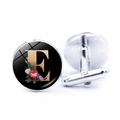 Silver cufflinks with black round base featuring golden letter E and floral pattern - Letter E (JY008019-E)