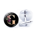 Mens silver cufflinks featuring a gold letter G with floral design on black round face - Jy008019-g / Other