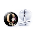 Silver cufflinks featuring a black glass dome with a floral golden letter Q design - Letter Q (JY008019-Q)