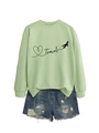 Detail of light green sweatshirt with Travel text and airplane heart graphic design - S / Olive Green (Black Font)