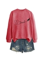 Detail of red travel sweatshirt with heart plane print and distressed denim shorts - S / Red (Black Font)