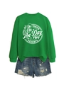 Detail von grünem Sweatshirt mit Have The Day You Deserve Slogan und Totenkopf-Print - S / Grasgrün (Weißer Druck)