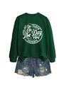 Detail of crewneck sweatshirt with 'Have the day you deserve' text and skull graphic - S / Dark Green (White Print)