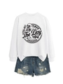Detail of white sweatshirt with Have The Day You Deserve skeleton graphic and denim shorts - S / White (Black Print)