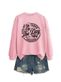 Detail of pink sweatshirt with Have The Day You Deserve print and ripped denim shorts - S / Pink (Black Print)
