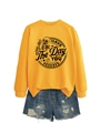Detail of yellow long sleeve sweatshirt with skull graphic and ripped denim shorts - S / Yellow (Black Print)