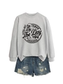 Detail of light grey sweatshirt with skeleton print and distressed denim shorts - S / Grey (Black Print)