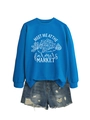 Détail du sweat bleu marine avec imprimé farmers market et finitions des bords-côtes - S / Bleu Lac (Imprimé Blanc)