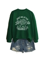 Détail du sweat vert foncé avec imprimé Farmers Market et short en jean déchiré - S / Vert Foncé (Imprimé Blanc)