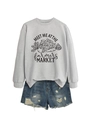 Détail du sweat gris oversize avec imprimé et short en jean effiloché pour femmes - S / Gris (Imprimé Noir)