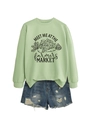 Détail du graphique Farmers Market sur le sweat-shirt vert clair et le short en denim - S / Vert Olive (Imprimé Noir)