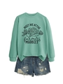 Détail du sweat vert menthe avec imprimé Farmers Market et short en jean déchiré - S / Vert Clair (Imprimé Noir)