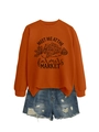 Détail du sweat orange avec imprimé Farmers Market et short en jean déchiré - S / Orange Brûlé (Imprimé Noir)