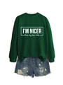 Detail of dark green sweatshirt with I'm nicer than my face looks print and denim shorts - Dark Green (White Font)
