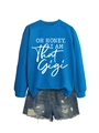 Detail of royal blue sweatshirt featuring white 'OH HONEY' typography with denim shorts - Lake Blue (White Font)