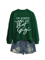 Detail of dark green sweatshirt with Oh Honey text and distressed blue denim shorts - Dark Green (White Font)