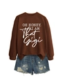 Detail of brown graphic sweatshirt featuring OH HONEY white lettering with denim shorts - Coffee (White Font)
