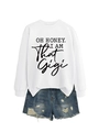 Flat lay of a white Gigi graphic sweatshirt and distressed blue denim shorts set - White (Black Font)