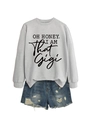 Detail of grey crewneck sweatshirt with black slogan and distressed denim shorts - Grey (Black Font)