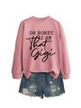 Detail of pink crewneck sweatshirt with black text print and distressed denim shorts - Rose Gold (Black Font)