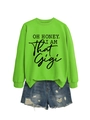 Flat lay of neon green sweatshirt with black text and ripped denim shorts on white background - Neon Green (Black Font)