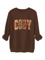 Detalle del estampado COZY season con patrones de leopardo y cuadros en sudadera marrón - Café