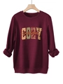 Λεπτομέρεια της στάμπας COZY season με σχέδια λεοπάρ και σφενδάμου σε παχύ φούτερ - S / Μπλούζα (5808) / Μπορντό