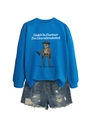Close-up of Klein blue sweatshirt with cartoon frog graphic and distressed denim shorts - S / Lake Blue (White Graphic)