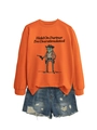 Detail of orange sweatshirt with cowboy frog print and distressed denim shorts outfit - S / Orange (Black Letters)