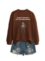Detail of brown sweatshirt featuring funny frog print and blue distressed denim shorts - S / Coffee (White Print)