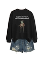 Detail of funny frog illustration and text print on black cotton sweatshirt with denim shorts - S / Black (White Letters)